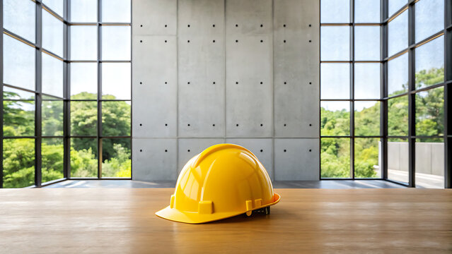 Safety hard hat on wooden table near large window. Protective construction gear for workplace hazard prevention and industrial compliance.