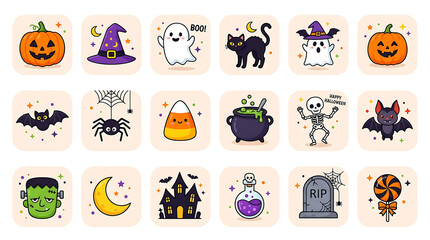 Obraz premium Set of cute halloween holiday icons for party decorations and graphic projects