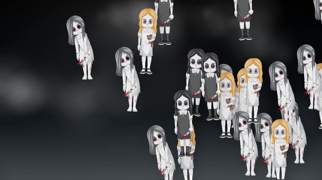 Animated Creepy Doll Characters Floating on Dark Foggy Background