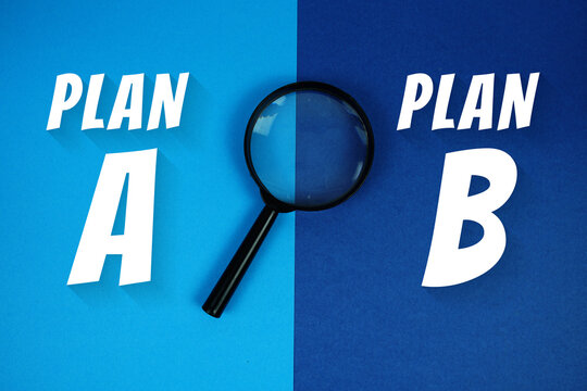 Plan A and Plan B text with magnifying glass on navy blue background