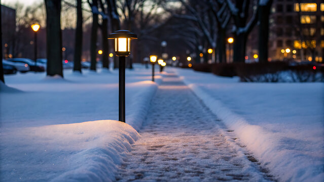 Winter snow-covered urban sidewalk with vintage street lamp. Quiet city street illuminated by warm golden light in cold season.