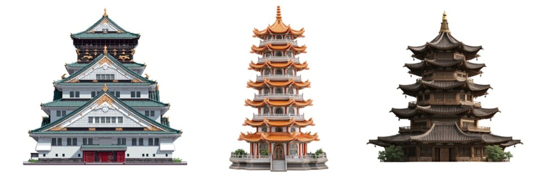 Asian Traditional Pagodas and Temples Architecture Set. PNG. Generated AI
