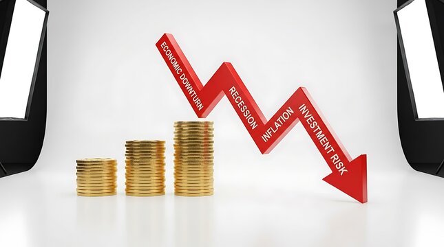 Red decreasing arrow indicating recession inflation and economic downturn with stacks of gold coins