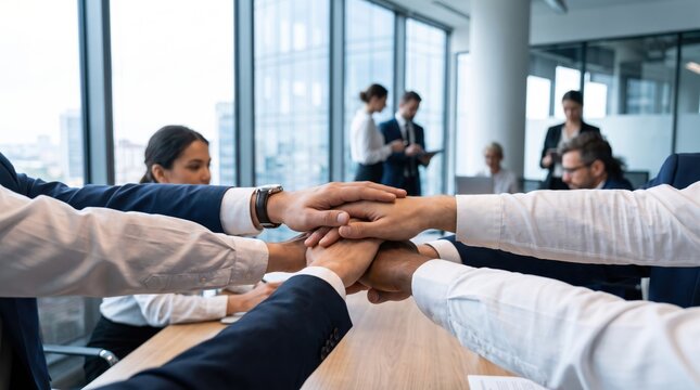 Diverse group of business professionals stacking hands together in a gesture of unity, teamwork and partnership, symbolizing successful collaboration, corporate solidarity