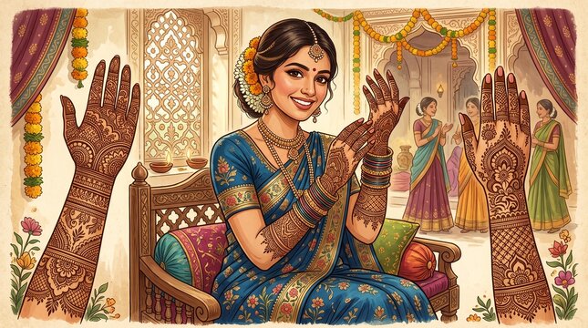 Traditional Indian wedding mehndi ceremony with bride showing intricate henna designs illustration