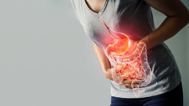 Woman holding stomach with glowing digestive system overlay, medical health concept for abdominal pain and gastrointestinal disorder diagnosis and treatment awareness.