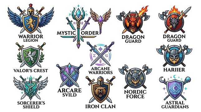 Various colorful fantasy shield and emblem designs depicting warriors dragons and mystical symbols for adventure games presented on white background