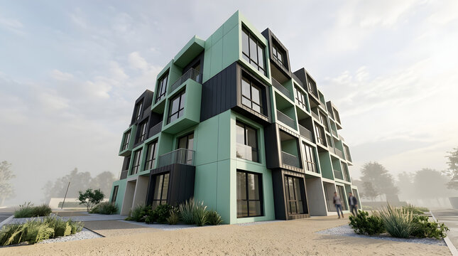 Abstract 3D rendering of an ivory modular cube facade, symmetrical frontal view, against a gradient twilight sky, with subtle rim light glow, with a glossy reflective floor, elegant symmetry