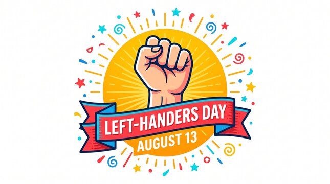 Raised fist with ribbon banner for left handers day vector illustration