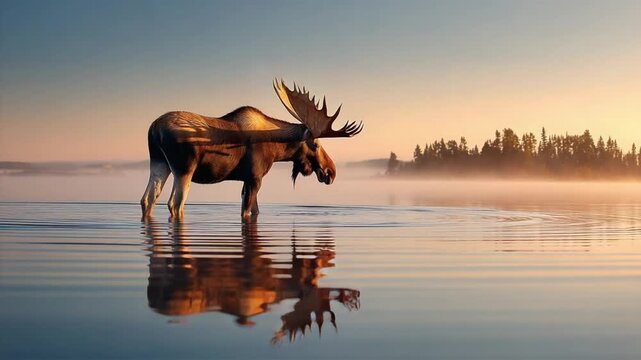 Majestic Moose at Dawn: A magnificent moose with impressive antlers stands serenely in the calm, misty waters of a lake at sunrise, its reflection shimmering on the surface.