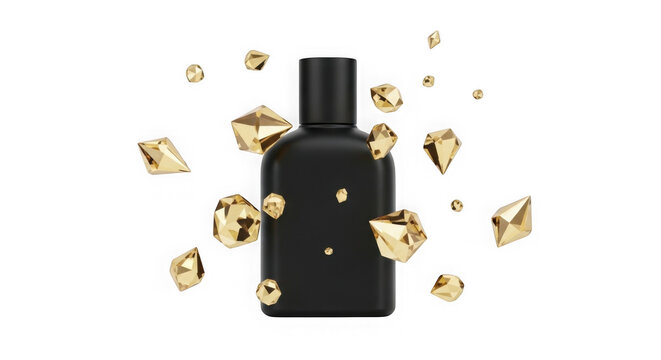 Luxury perfume bottle with golden flakes scattering. Elegant fragrance packaging and decorative cosmetic particles isolated on transparent background.