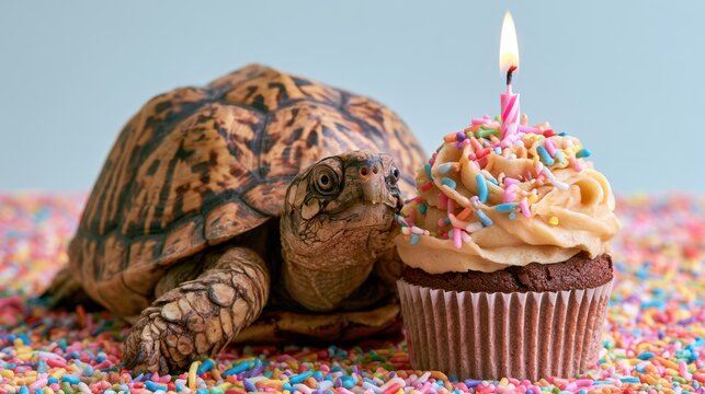 Close-up image of a small tortoise next to a chocolate cupcake with vanilla frosting, colorful sprinkles, and a lit pink candle on a bed of sprinkles