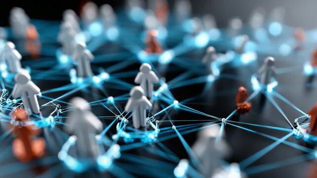 Global Network Connection: Abstract representation of a connected network with small human figurines linked by glowing blue lines, symbolizing global communication and digital relationships.