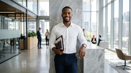 Fototapeta premium Confident African American Male Professional Standing in Modern Office Hallway Holding Portfolio with Blurred Business Colleagues in Background