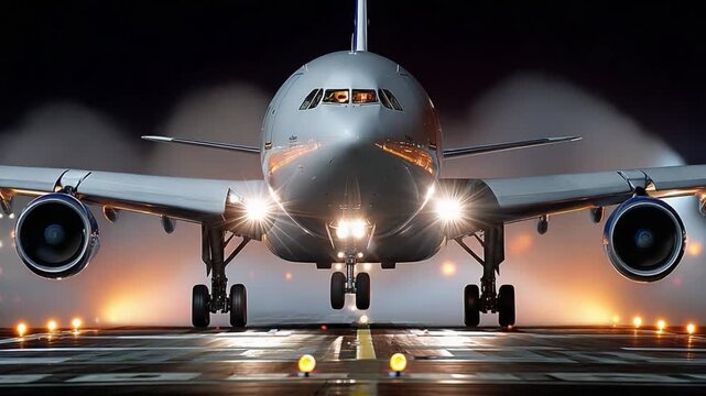Airplane at Night: A large passenger airplane, illuminated by its landing lights and runway lights, is on the tarmac at night, ready for takeoff or landing.
