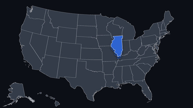 Illinois Raised in 3D on US Election Map Red and Blue Highlight, Black