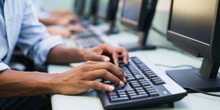 A close-up shot of a person's hands typing on a computer keyboard, with other computers and keyboards visible in the blurred background, suggesting a work or learning environment