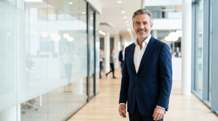Fototapeta premium Confident mature businessman in formal navy blue blazer smiling and standing inside modern bright glass corporate office building corridor