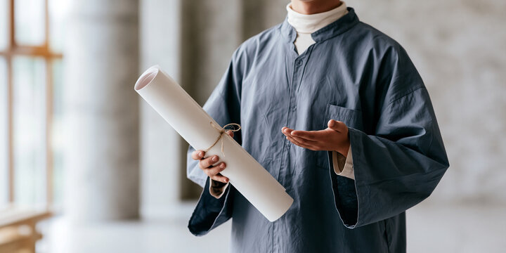 A person in traditional Chinese clothing holds a scroll, suggesting a scholar or master.
