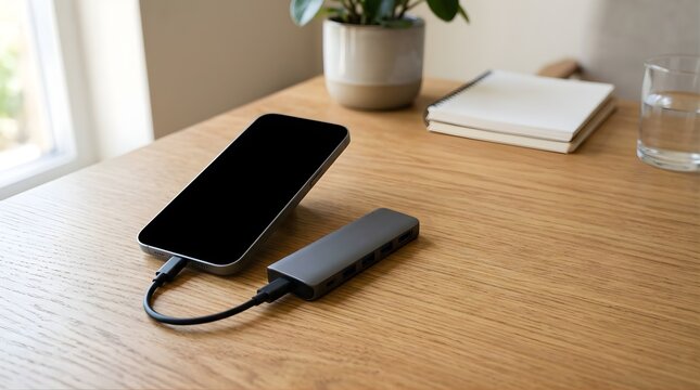 Smartphone connected to usb c hub on wooden office desk workspace