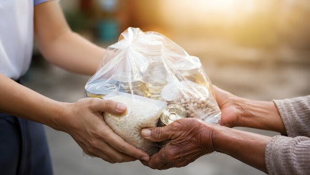 Close-up of volunteer hands giving a plastic bag filled with dry food and canned goods to an elderly person, concept of charity, aid, and generosity.