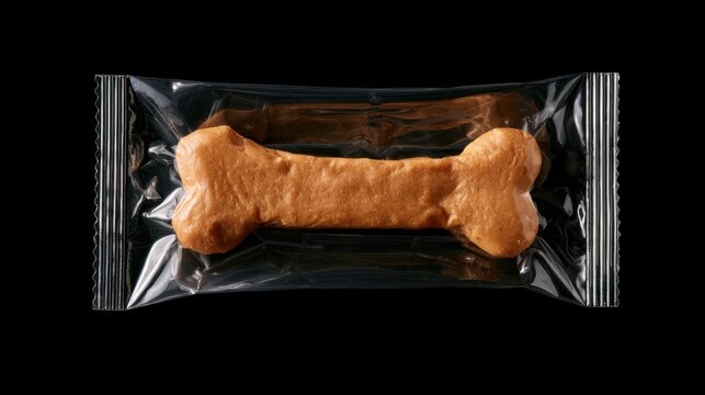 Close-up of single dog bone shaped biscuit in transparent plastic wrapper isolated on black background with shiny reflective packaging for pet treat concept