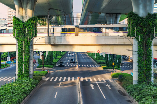 Modern urban overpasses, asphalt roads, and urban scenery in Shanghai, China