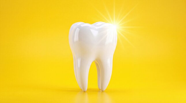 Shining Healthy Tooth on Bright Yellow Background