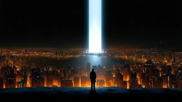 Man in Silhouette Gazing at the City of Lights: A solitary figure stands silhouetted against a dramatic sky, looking out over a sprawling city illuminated by countless lights and a powerful.