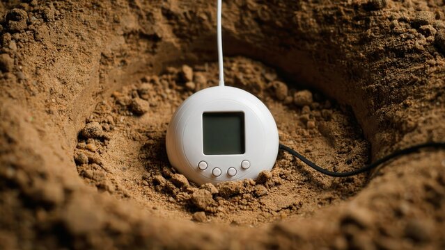 White digital soil moisture meter partially buried in sandy soil, with a visible screen and buttons, for measuring ground conditions.