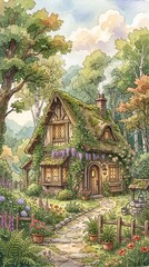 Obraz premium A whimsical, fairytale-style watercolor illustration of a cozy, moss-covered timber-frame cottage nestled in a dense, magical forest.