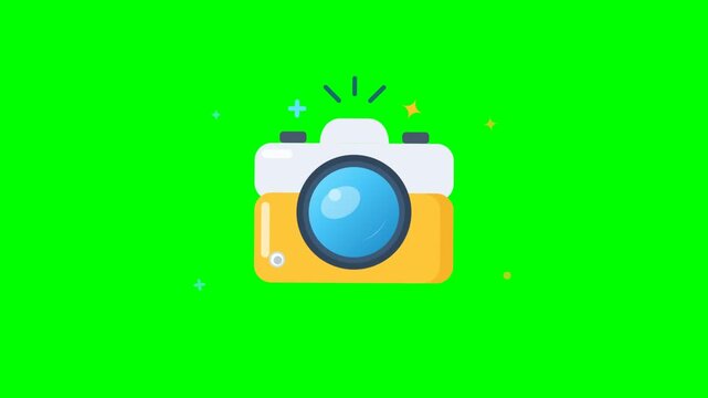 Animated cartoon camera with flashing lights against a green background