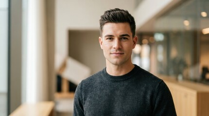 Fototapeta premium Confident Young Male Professional Looking At Camera In Modern Office Setting Wearing Dark Knit Sweater Representing Corporate Success And Business