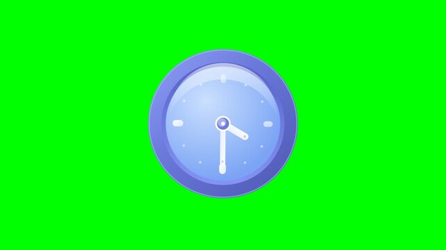 Blue Cartoon Clock Animates Time Passing On Green Screen Background