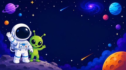 Naklejka premium Cute Faceless Astronaut with Friendly Alien Cartoon Flat Vector Illustration Background