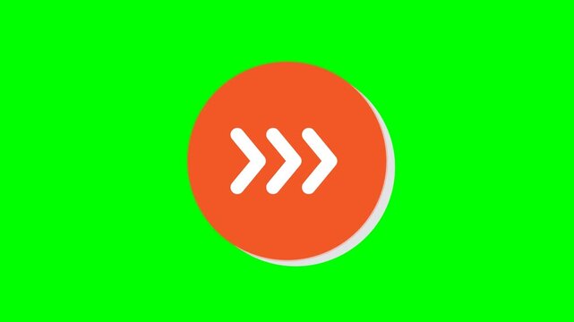 Orange circular forward button icon with triple white arrows on green screen