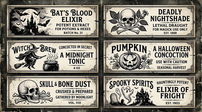 Vintage halloween potion labels set with spooky typography and illustrations
