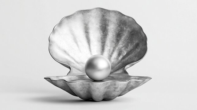 Open metallic silver seashell holding a large round perfectly smooth pearl placed on plain light gray background, symbolizing luxury, rarity and precious value