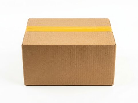 Closed brown cardboard box with yellow adhesive tape for shipping and delivery
