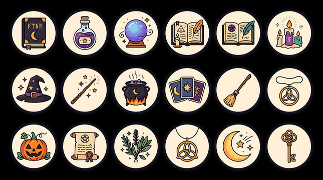 Colorful magic and witchcraft icons set for social media with witchcraft