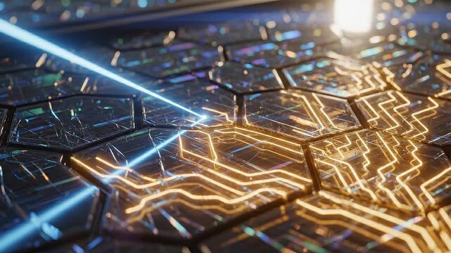 High-tech circuit board with electronic pulses and glowing data transmission lines