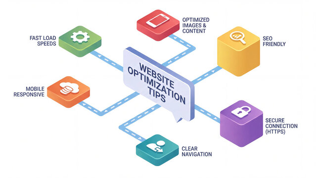 Website optimization tips infographic showing load speed mobile responsiveness content quality secure connection and navigation for search engine performance