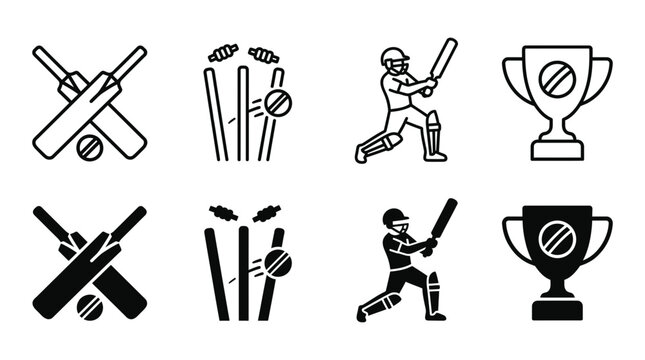 Professional cricket gear and player action icons collection with equipment silhouette championship tournament