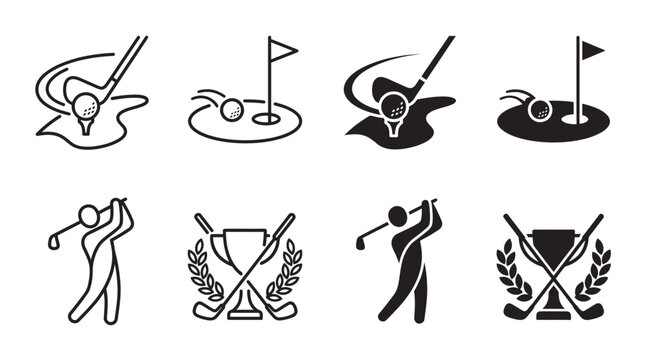 Set of golf sport icons including golf clubs balls trophies and putting green flags in outline and solid style