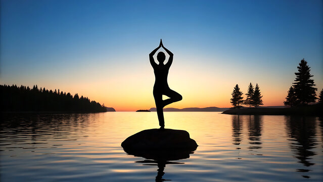 Silhouette of woman meditating on paddleboard at sunset. Female yoga practitioner balancing on SUP during golden hour reflection.