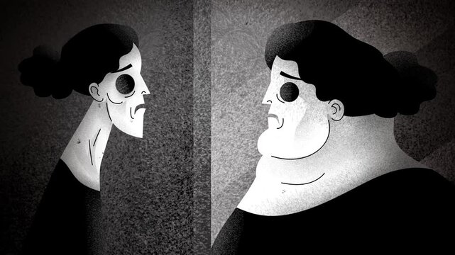 woman with anorexia and body dysmorphia seeing herself as obese in the mirror