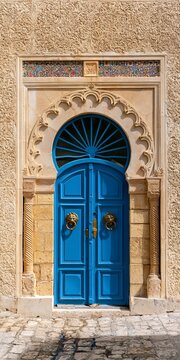 Historic blue door with a beautiful lintel on a cobbled street, well preserved and in good color, in full daylight
