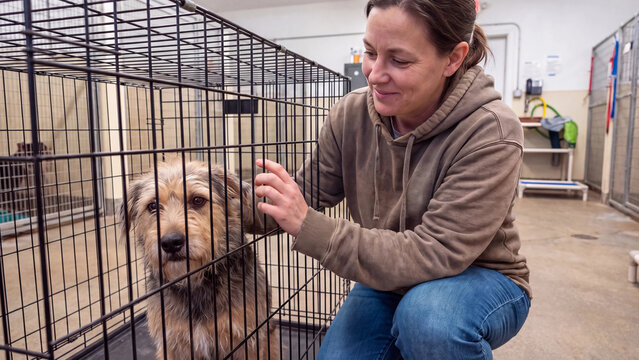 Volunteer greeting rescue dog inside kennel cage at animal shelter facility showing pet adoption care and compassionate welfare support