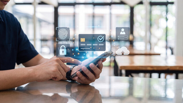 Secure mobile payment verification with fingerprint authentication password login and cloud backup icons for online banking transaction protection