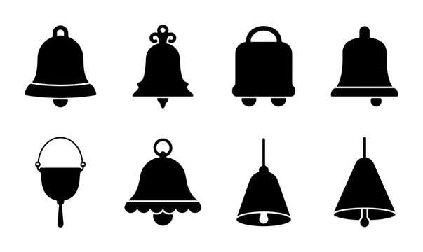 Set of 8 Diverse Bell Icons, Vector Silhouettes for Festive and Decorative Use